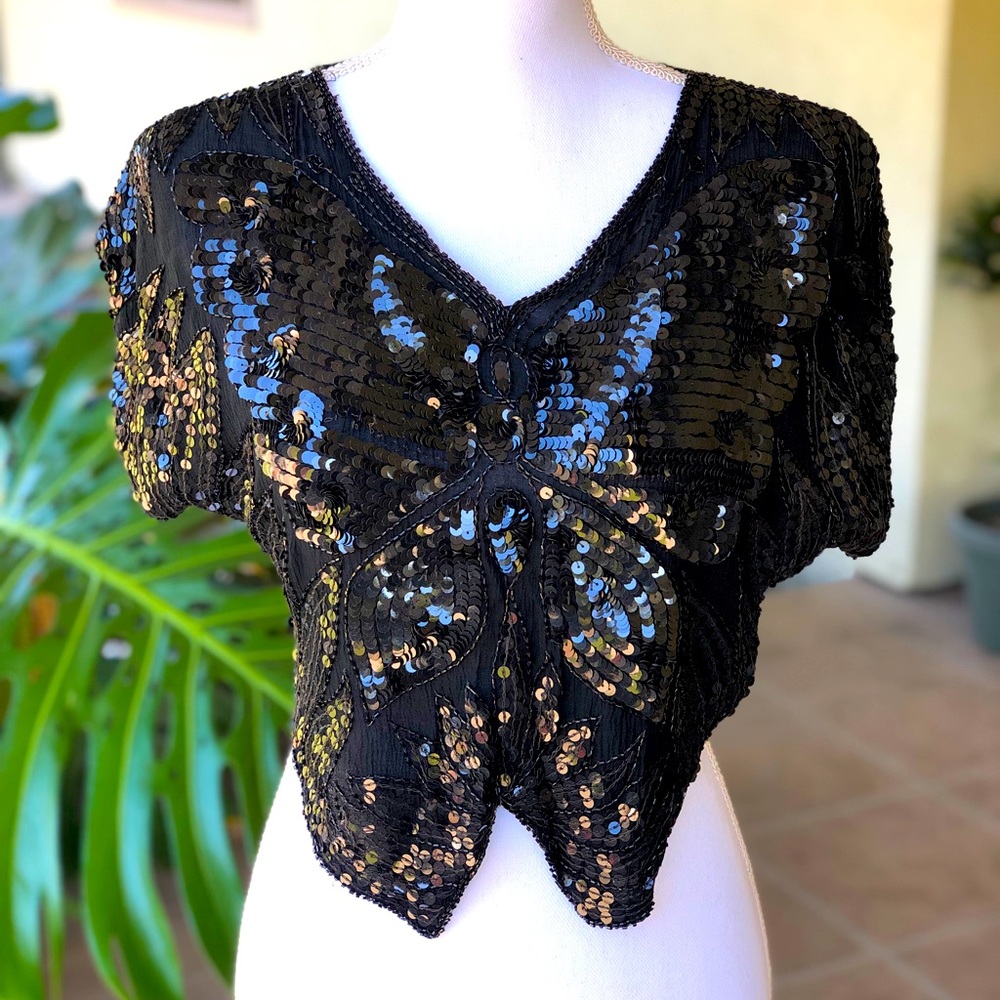 Black Sequined Butterfly Top